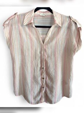 Como Blu Pink White Striped Button Up Blouse Lightweight Summer Shirt M
